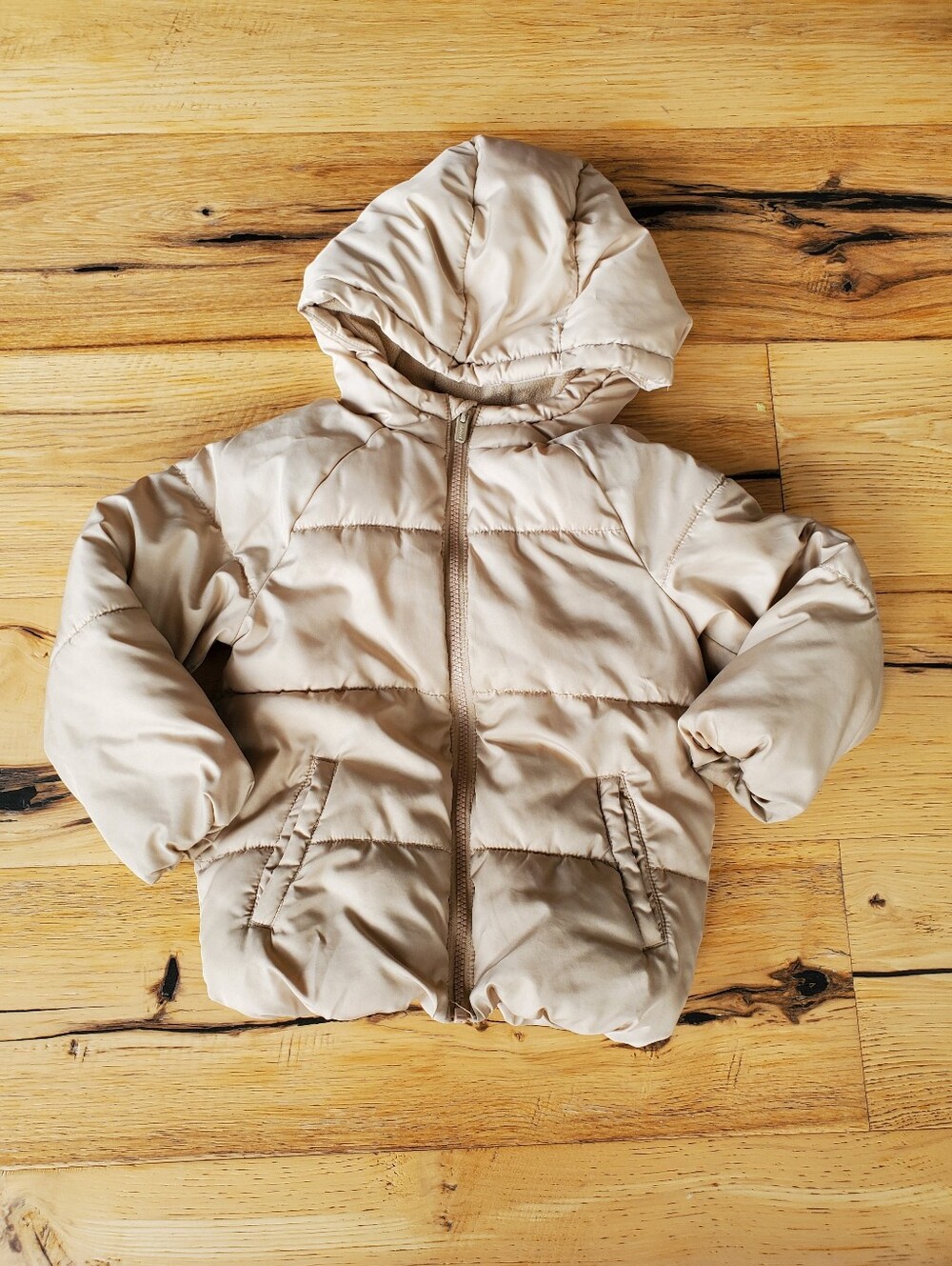 Kids Beige Hooded Puffer Jacket